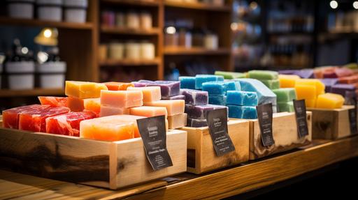 a rustic, well lit colourful soap display on a wooden counter in a high end store --ar 16:9
