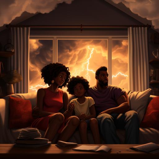 / a safe cartoon black family huddled together on their couch inside their house with a thunderstorm in the window behind them