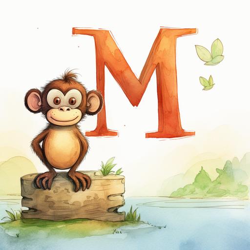 a simple line drawing of a monkey standing next to and not blocking the letter M. Simple cartoon style. Watercolor. line drawing.