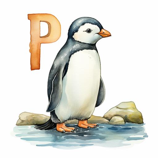 a simple watercolor image of a penquin standing next to the letter 