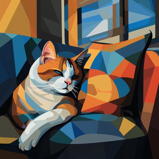 a sleepy 3 colour cat sitting on the sofa, cubism