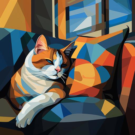 a sleepy 3 colour cat sitting on the sofa, cubism