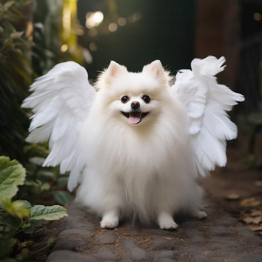 a small, shaggy, white pomeranian dog with angel wings