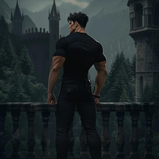 , a tall muscular man in a black shirt and black pants and black hair stands from behind on a dark castle balcony with a dark forest in the background, cinematic, 4k, digital art, realistic, full body, 3D