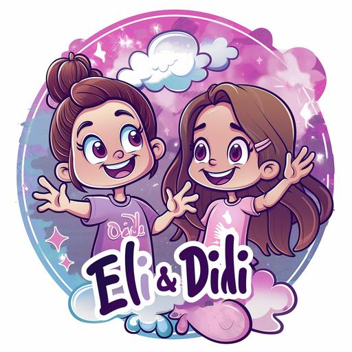 a vector logo of 12 year old white skin girl a little chubby and short with shoulder height brown hair laughing with another 12 year old light brown skin tall girl with long straight hair smiling and waving hi and a graffiti bubble font named 