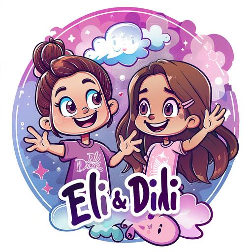 a vector logo of 12 year old white skin girl a little chubby and short with shoulder height brown hair laughing with another 12 year old light brown skin tall girl with long straight hair smiling and waving hi and a graffiti bubble font named 