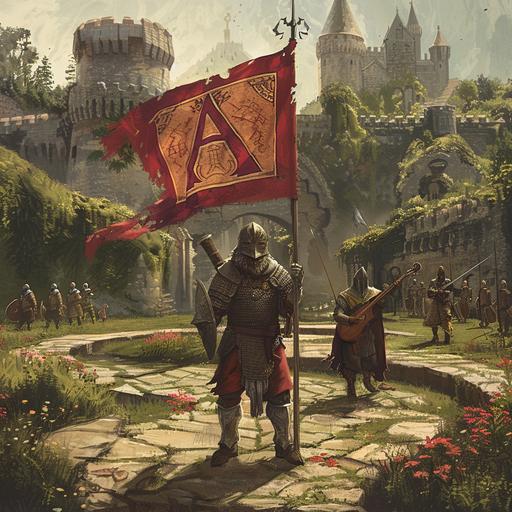a vertical medieval flag on a wooden pole with a red letter a in cursive and very ornate being carried by dwarf in full plate armor behind a human with a lyre in a circular garden in the middle of a castle --v 6.0