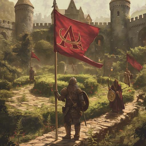 a vertical medieval flag on a wooden pole with a red letter a in cursive and very ornate being carried by dwarf in full plate armor behind a human with a lyre in a circular garden in the middle of a castle --v 6.0