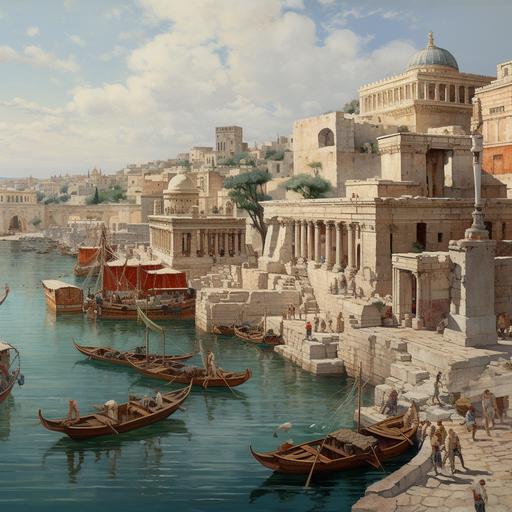 : a view of the city beyond the dockside area. if shown, it pulsated, it glowed white in the early sunlight. buildings of limestone or plastered white with gesso. the buildings were frescoed and inlaid with bands and panels of vividly colored paints and mosaics, but the dominant effect was of a city so white, so nearly silver, that it almost hurt my eyes. from the top of every roof, every temple, every palace in the city, from every highest eminence projected a flagpole, and from every staff flew a banner. they were not squared or triangular like battle ensigns; they were pennants many times longer than they were broad. and they were all white, except for the colored insignia they bore. Those incredibly long banners of tenochtitlan were woven of feathers - feathers from which the quills had been removed and only the lightest down used for the weaving. the flags were intricately woven feathers of natural colors; egret feathers for the white grounds of the flags, and for the designs the various reds of macaws and cardinals and parakeets, and various blues of jays and herons, the yellows of toucans and tanagers. they were all the colors and iridescences that can come only from living nature, not from man-mixed paint pots. but most marvelous, those banners did not sag or flap, they floated. there was no wind that morning. the thousands of feather banners undulated gently, soundlessly magically, over all the towers and pinnacles of that magic-island city.