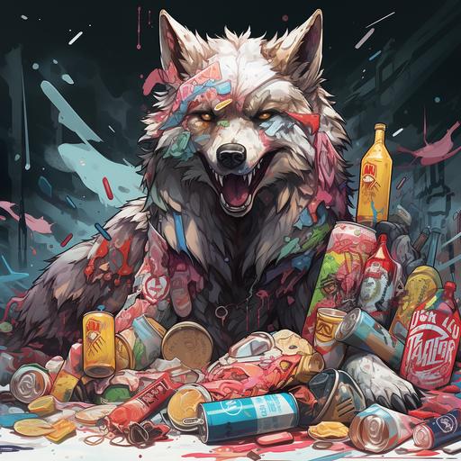 a wolf surrounded by trash and junk food abstract art anime style