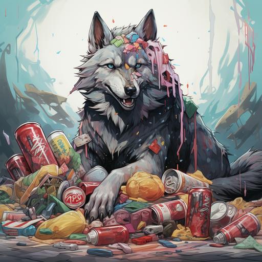 a wolf surrounded by trash and junk food abstract art anime style