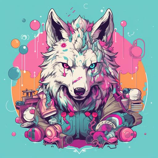 a wolf that works in retail and is dealing with mental illness and needs help logo anime retro design