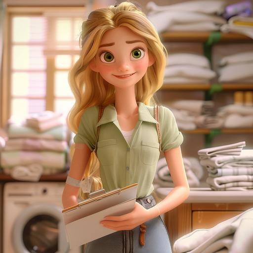 a young women, with wavey blonde hair, with a flat chest, in her late 20s, happy busy person, in a british laundry room, stacking linen, with a clipboard, in Pixar 3D style