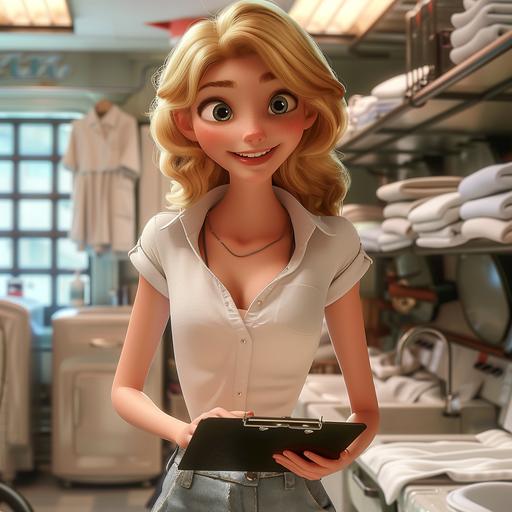 a young women, with wavey blonde hair, with a flat chest, in her late 20s, happy busy person, in a british laundry room, stacking linen, with a clipboard, in Pixar 3D style