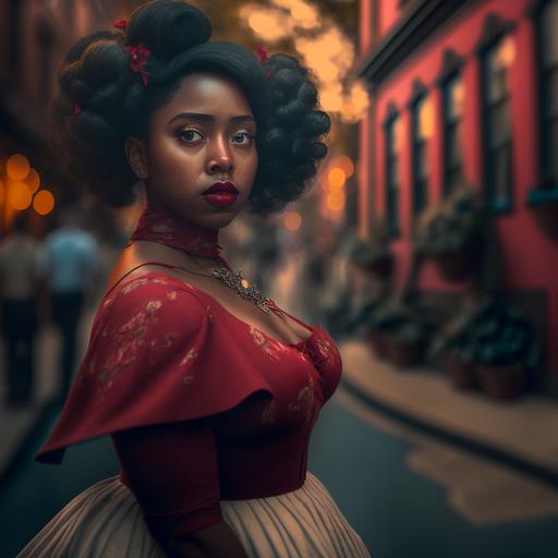 as the most beautiful 1950s syrup-skinned Rubenesque woman   Chesnut hair in a pompadour   freckles on her cheeks   walking through an olde town aesthetic in a red tulle skirt   full figured   dark academia aesthetic  hyper detailed, intricate details  photorealistic  sharp focus   cinematic lighting   Sony a7R IV camera, Meike 85mm F1.8   hyper realistic   Artstation   Gonzalo canepa