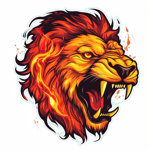adult lion breathing flames white background, cartoon style