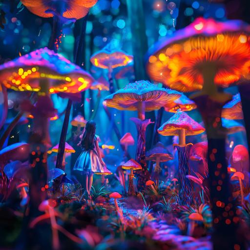 alice from alice in wonderland in a neon psychedelic colorfull mushroom field