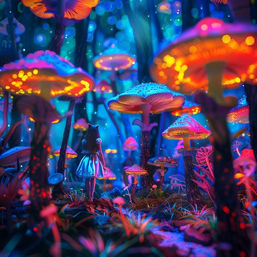 alice from alice in wonderland in a neon psychedelic colorfull mushroom field