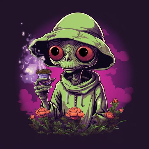 alien cartoon in a hoodie smelling a cannabis flower