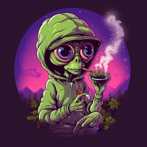 alien cartoon in a hoodie smelling a cannabis flower