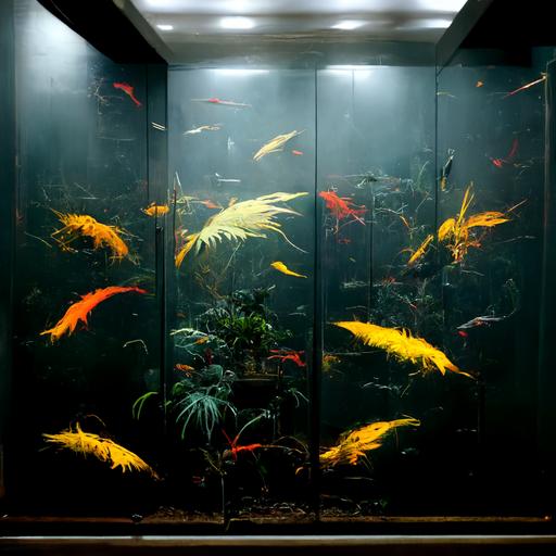 an aquarium fish tank with 3 Blue Umbee Cichlid, 20 gold fishes, 1 Black Pacu and 2 Red Tail Catfish, with a man siphoning large amounts of water out of the aquarium fish tank