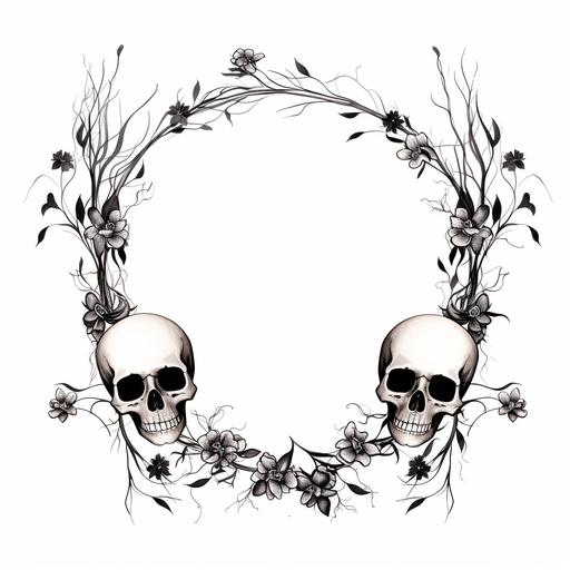an illustration of a thin minimalistic boho wreath with a cute skull with black orchids, perfect for Halloween.