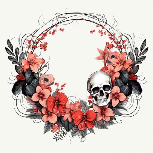 an illustration of a thin minimalistic boho wreath with a cute skull with colorful flowers red anthurium, and black orchids, perfect for Halloween.