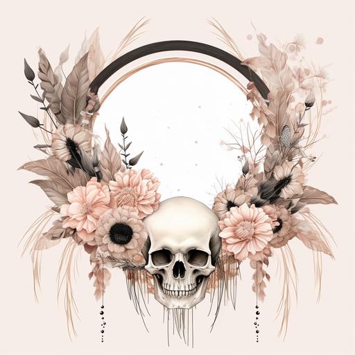 an illustration of a thin natural minimalistic boho wreath with gentle and enchanting flowers. On the wreath there are 2 pretty skulls, 2 soft pink peonies, 2 white lilies, and some pampas grass, perfect for halloween