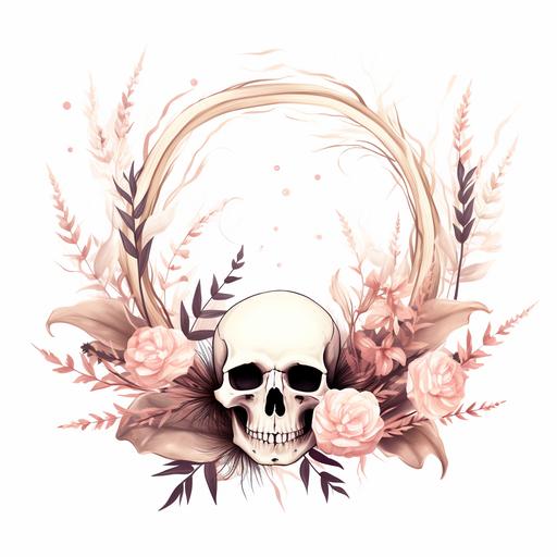 an illustration of a thin natural minimalistic boho wreath with gentle and enchanting flowers. On the wreath there are 2 pretty skulls, 2 soft pink peonies, 2 white lilies, and some pampas grass, perfect for halloween