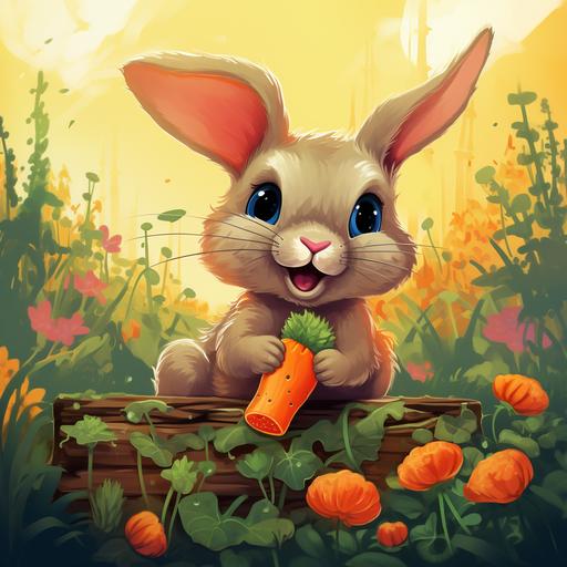 an image of a baby bunny munching on a carrot in a colorful garden, all in a friendly cartoon style.