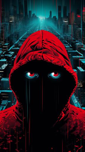 an image of a man in a red hoodie covering a face with an eye in the middle, in the style of dystopian cityscapes, aggressive digital illustration, dark black and cyan, iconic album covers, illusory wallpaper portraits, smokey background, hyper-detailed illustrations --ar 9:16 --style raw