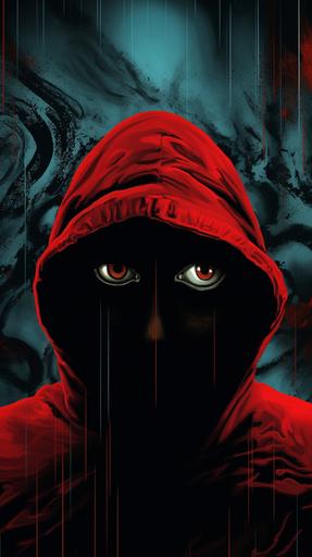 an image of a man in a red hoodie covering a face with an eye in the middle, in the style of dystopian cityscapes, aggressive digital illustration, dark black and cyan, iconic album covers, illusory wallpaper portraits, smokey background, hyper-detailed illustrations::1 painterly, oil painting, sfumato, chiaroscuro, trompe l'oeil, in the style of caravaggio --ar 9:16 --style raw