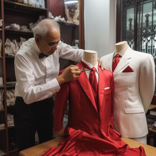 an old tailor in classic white shirt (not wearing red), in progress to make a fancy red men suit on mannequin, clean and fancy tailor place, he is working and waiting the art peace suit to become true, day light.