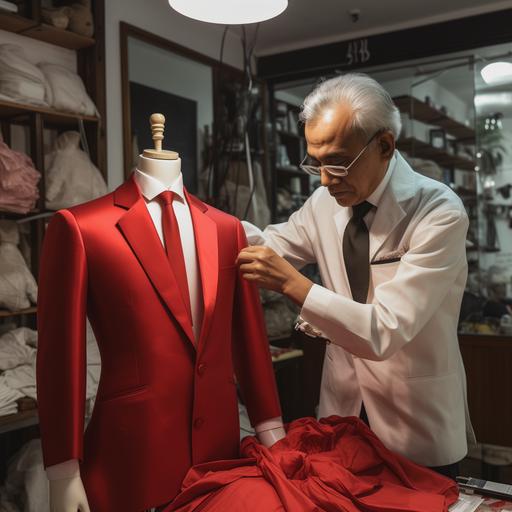 an old tailor in classic white shirt (not wearing red), in progress to make a fancy red men suit on mannequin, clean and fancy tailor place, he is working and waiting the art peace suit to become true, day light.