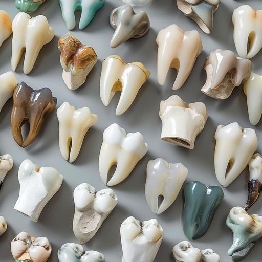 anatomically perfect but varied human teeth of various colors and sizes --no red colored mostly as natural teeth but sometimes pastel, displayed on luxurious velvet suede, natural textures, soft diffused lighting, HD photo --tile --style raw --s 50