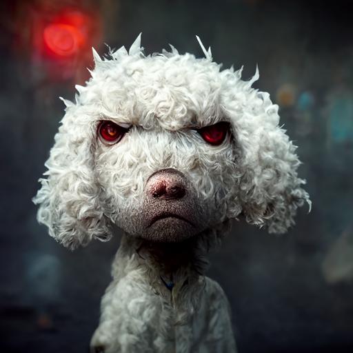 angry white poodle,hungry,photography 4k ultra realistic,bark a kid in town