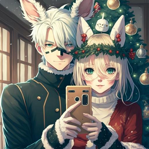 anime couple, celebrating christmas, bunny mask, white hair, blue eyes, christmas tree, snow, holding phone