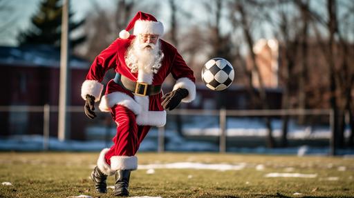Santa Claus with a soccer ball, medium: photography, style: festive sportsmanship, lighting: bright daylight with soft shadows, colors: Santa's rich reds and whites, the vibrant green of the soccer field, and the classic black and white of the soccer ball. Composition: Sony A7R IV Mirrorless Camera, FE 24-70mm f/2.8 GM lens, Resolution 61 megapixels, ISO sensitivity: 100, Shutter speed 1/125 second, mid-shot capturing Santa holding the soccer ball under his arm, with the vast soccer field in the background. --ar 16:9 --v 5.1 --style raw --s 750