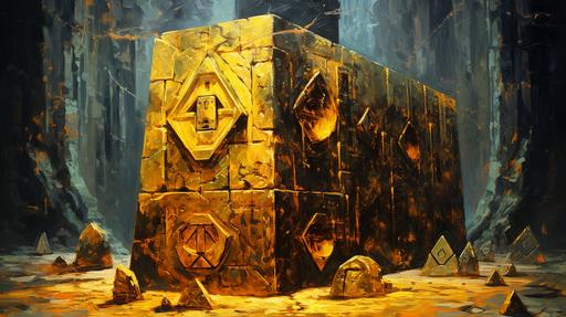 arcane stone cube covered in gold caligraphic lettering, beautiful detail, mystical ruins, wonderous atmosphere, painterly, geometric perspective, subtle interplay of light and dark, sfumato, oil painting, shot on a Hasselblad XPan:: 1 painted by eliran kantor::0.7 painted by James Gurney::0.6 dan seagrave::0.4 vibrant colors::0.6 --ar 16:9 --style raw --no blur, words, signature