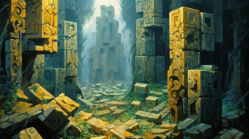 arcane stone cube covered in gold caligraphic lettering, beautiful detail, mystical ruins, wonderous atmosphere, painterly, geometric perspective, subtle interplay of light and dark, sfumato, oil painting, shot on a Hasselblad XPan:: 1 painted by eliran kantor::0.7 painted by James Gurney::0.6 dan seagrave::0.4 vibrant colors::0.6 --ar 16:9 --style raw --no blur, words, signature