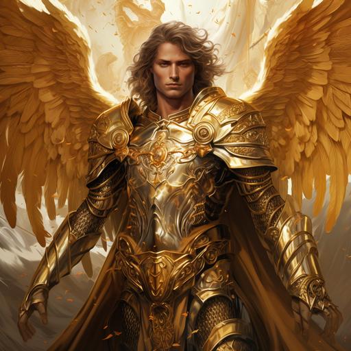 arcangel gabriel, gold armor, beutiful, happy, love, savior, realism 16:9 --v 5.2