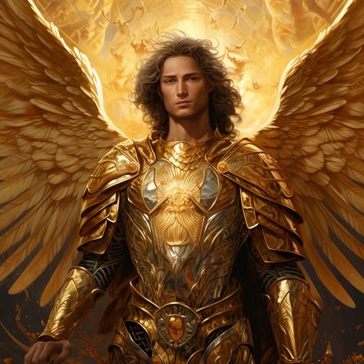 arcangel gabriel, gold armor, beutiful, happy, love, savior, realism 16:9 --v 5.2