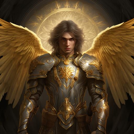 arcangel gabriel, gold armor, beutiful, love, savior, realism 16:9 --v 5.2