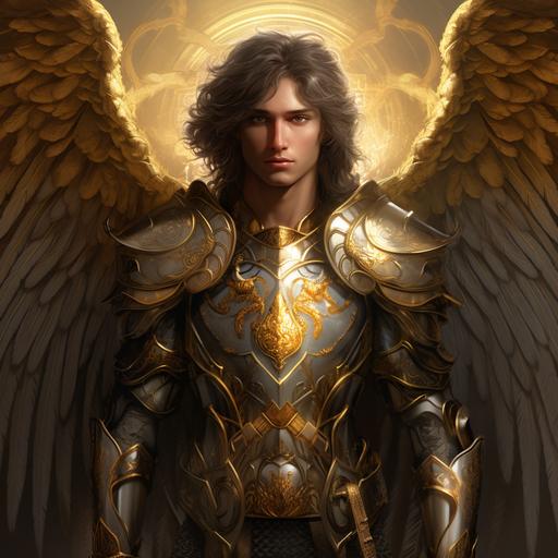 arcangel gabriel, gold armor, beutiful, love, savior, realism 16:9 --v 5.2