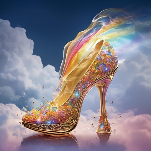 create a realistic drawing where a beautiful rainbow shines in the sky, and below it, in the clouds, a golden women's high heel shoe shines