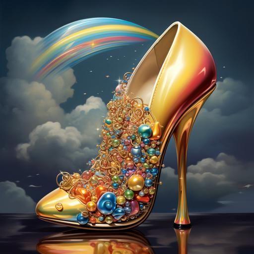 create a realistic drawing where a beautiful rainbow shines in the sky, and below it, in the clouds, a golden women's high heel shoe shines