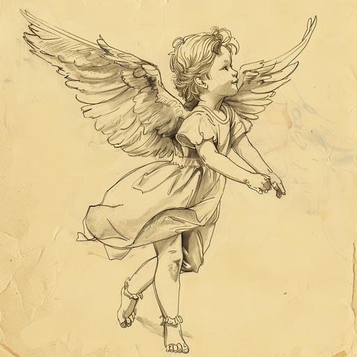 draw a children's sketch of an angel by hand, in full height