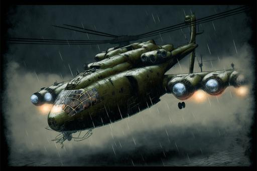 , , steampunk helicopter flying high in the sky through a snowstorm blizzard at night, shooting missiles dramatic lighting, cartoon pen and wash ink style, --v 4 --ar 3:2