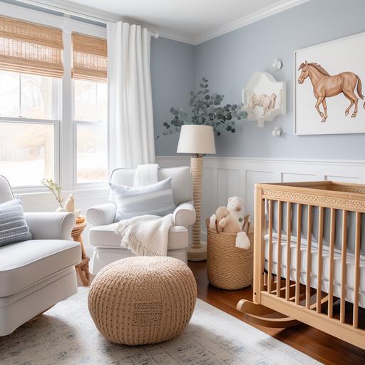 baby boy nursery with wainscotting and animal wallpaper, slate blue, rattan rocking horse