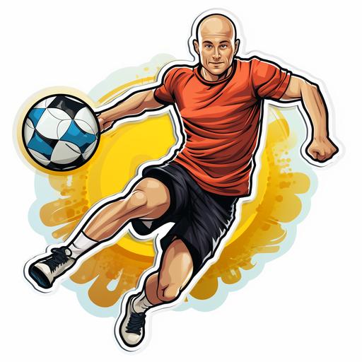 bald guy in soccer jersey in his 30s kicking a soccer ball, sticker